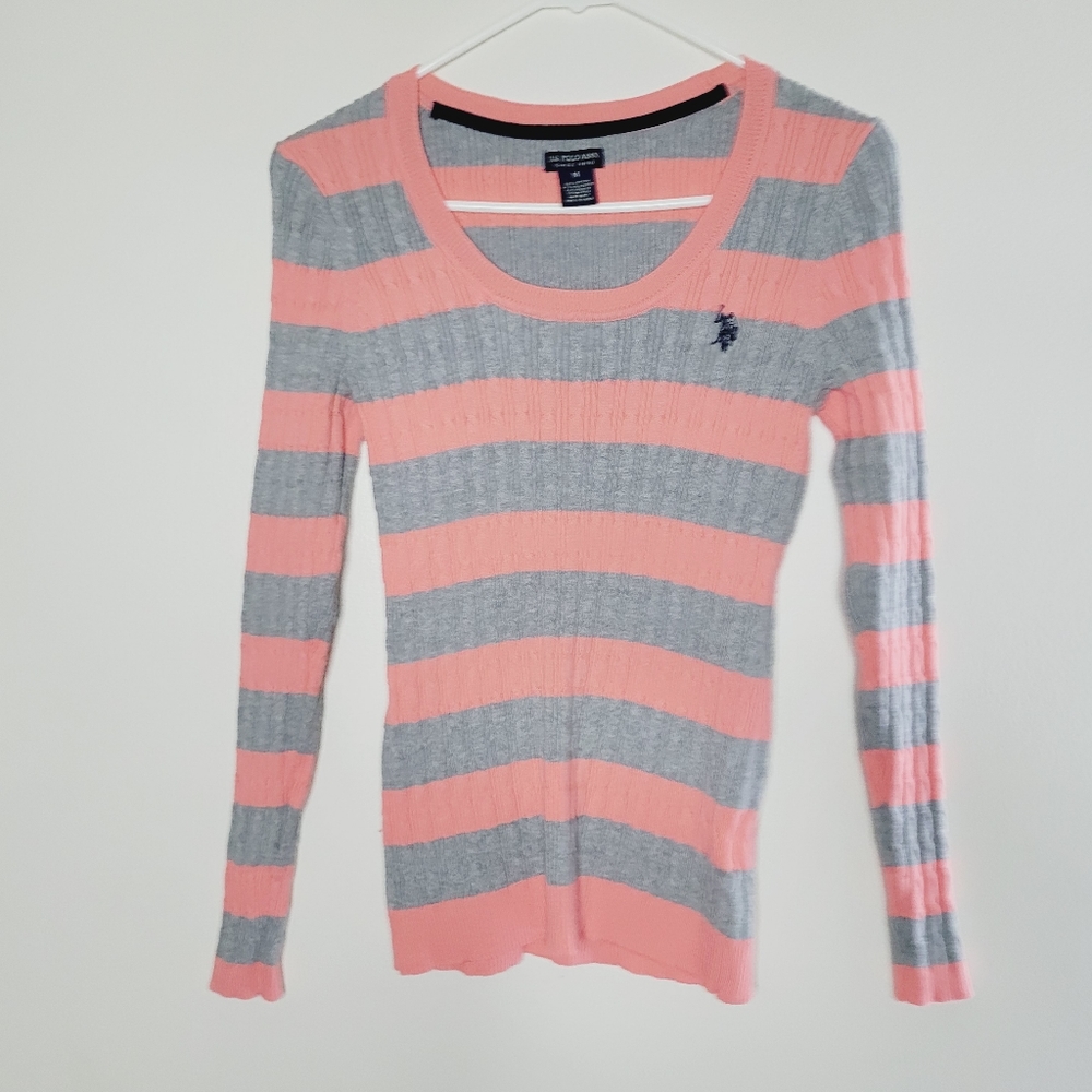U.S Polo Assn Sweater Scoop Neck Women's Medium Pink Gray Casual Collegiate